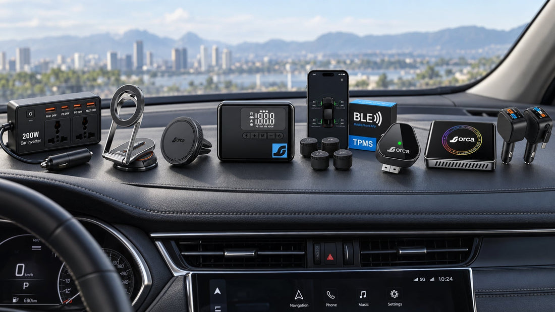 Orca Gears car accessories for long drives - wireless CarPlay adapter, 12V car charger, TPMS and phone mount packed for an Indian road trip