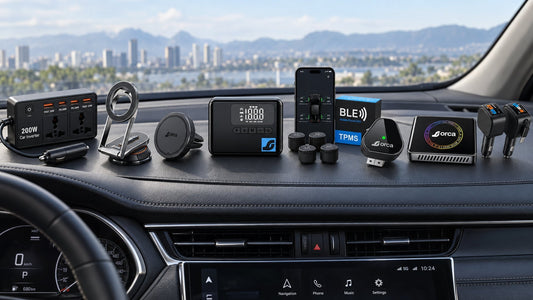 Orca Gears car accessories for long drives - wireless CarPlay adapter, 12V car charger, TPMS and phone mount packed for an Indian road trip