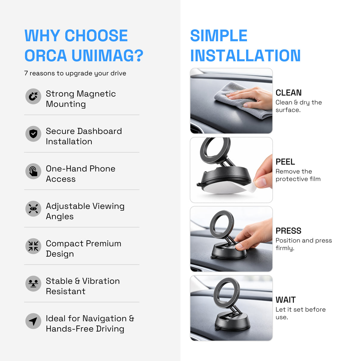Orca UniMag Magnetic Car Phone Holder | Compact Dashboard Mount with Strong Magnetic Hold