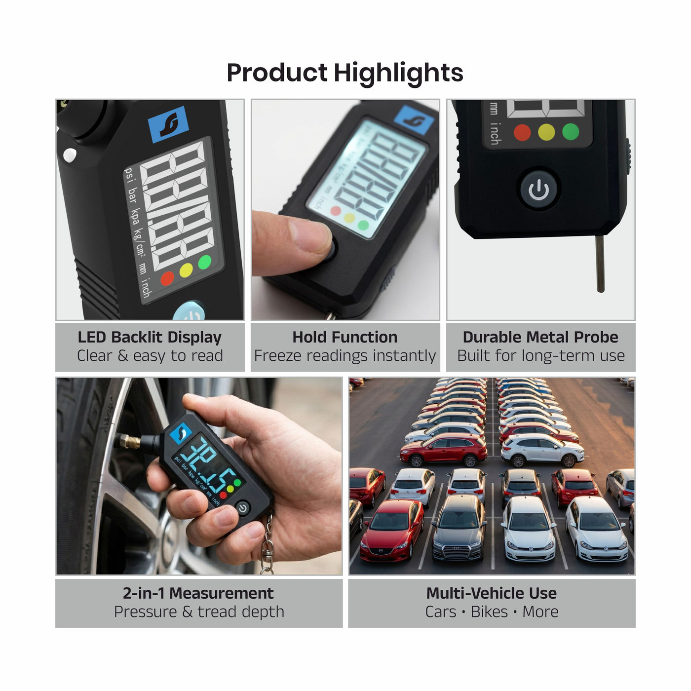 Orca 3-in-1 Digital Tire Pressure Gauge (0–150 PSI) with LED Light, Tread Depth Gauge & LCD Display