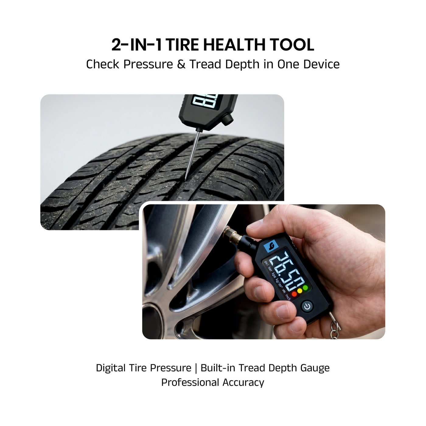 Orca 3-in-1 Digital Tire Pressure Gauge (0–150 PSI) with LED Light, Tread Depth Gauge & LCD Display