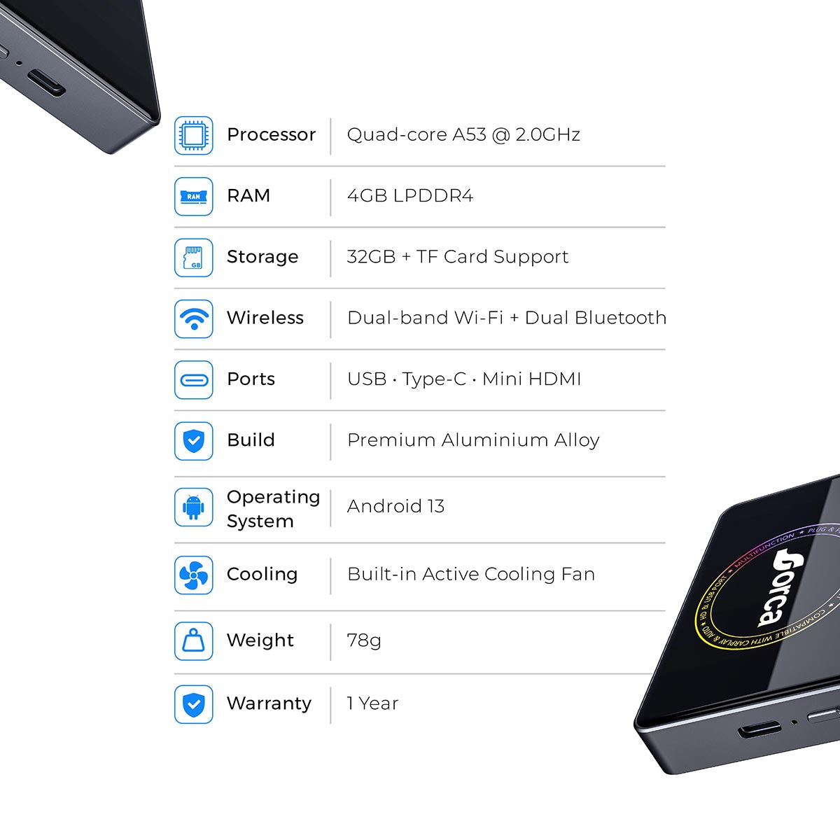 Orca 4-in-1 A21 Android Box | Wireless CarPlay & Android Auto | Quad-core A53 Processor | 4GB+32GB | TF Card Support | Dual 5G Wi-Fi & Dual Bluetooth | HDMI Output | Split-Screen Support | Built-in Cooling Fan