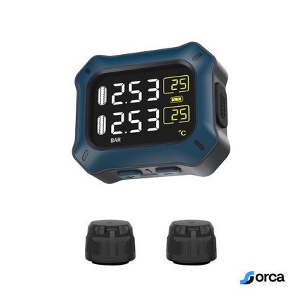 Orca Wireless Motorcycle TPMS – Real-Time Tire Pressure Monitoring System with Temperature Display, 3s Alert, Waterproof External Sensors & USB Rechargeable Display
