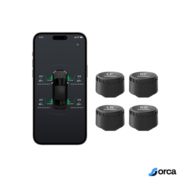 Orca Tyre Pressure Monitoring System (TPMS) for Cars | Pack of 4 Sensors | Real-Time Pressure & Temperature Alerts via Mobile App | 1-Year Warranty