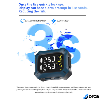 Orca Wireless Motorcycle TPMS – Real-Time Tire Pressure Monitoring System with Temperature Display, 3s Alert, Waterproof External Sensors & USB Rechargeable Display
