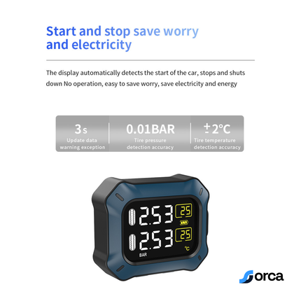 Orca Wireless Motorcycle TPMS – Real-Time Tire Pressure Monitoring System with Temperature Display, 3s Alert, Waterproof External Sensors & USB Rechargeable Display