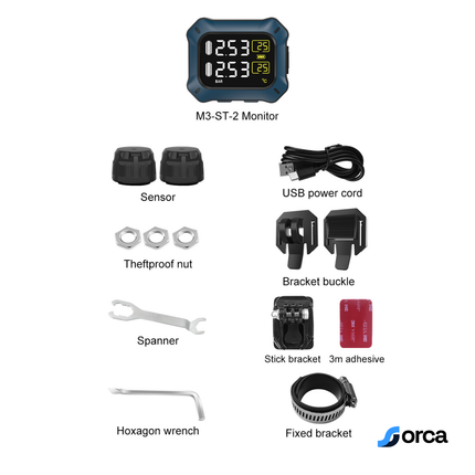 Orca Wireless Motorcycle TPMS – Real-Time Tire Pressure Monitoring System with Temperature Display, 3s Alert, Waterproof External Sensors & USB Rechargeable Display