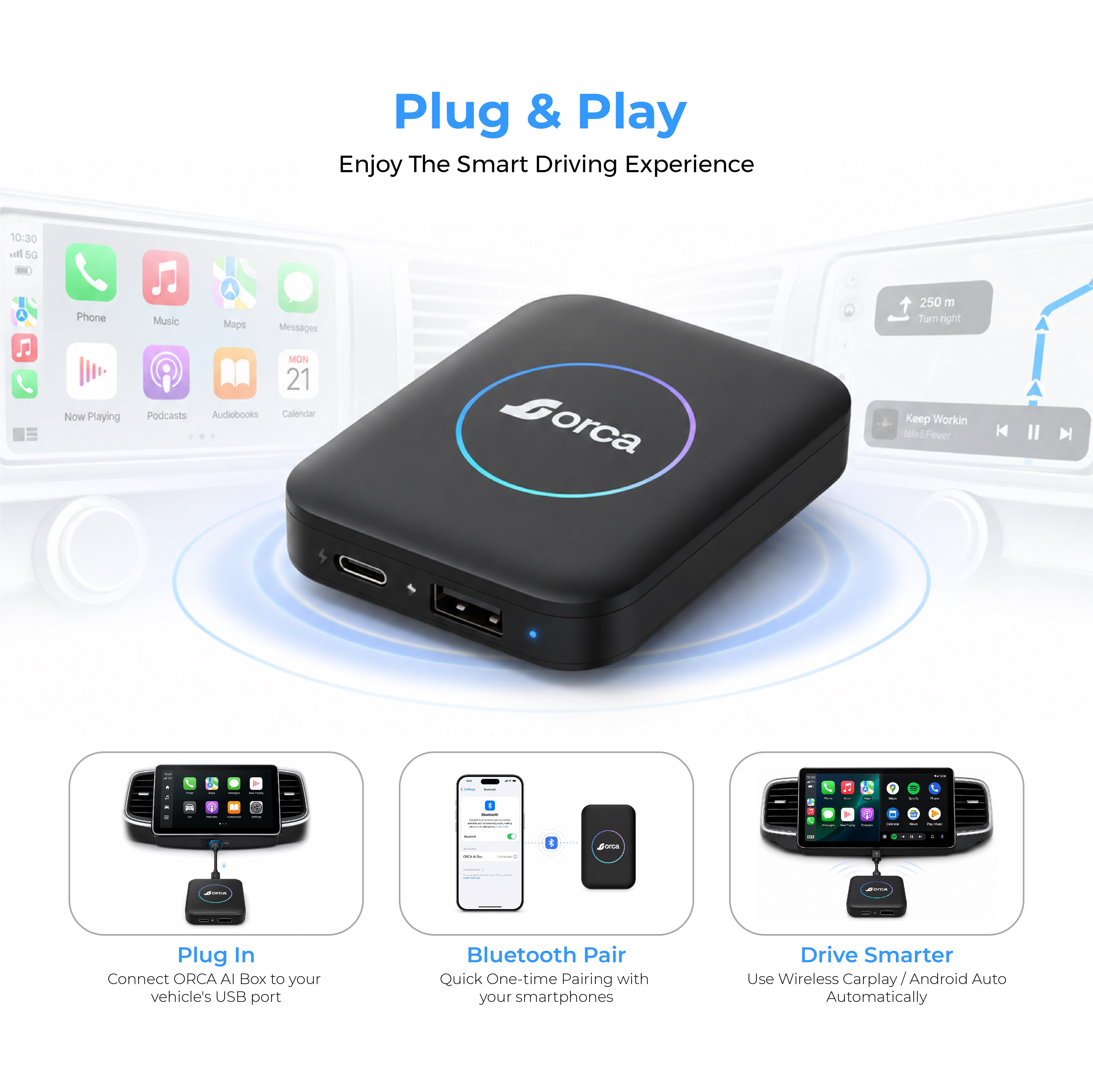Orca 4-in-1 AI Box – Wireless CarPlay, Android Auto & Android OS