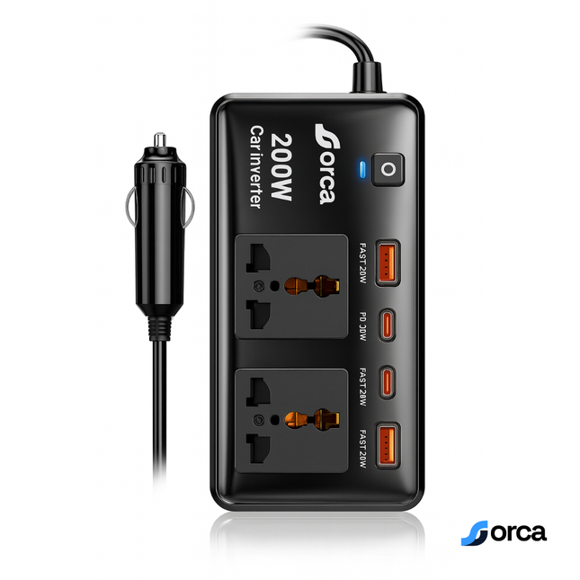 Orca 200W Car Power Inverter  – DC 12V to AC 220V Converter with USB-C Fast Charging  | Portable Vehicle Power Adapter for Phones, Laptops, Tablets & Electronics  | Compact, Durable & Safe Design
