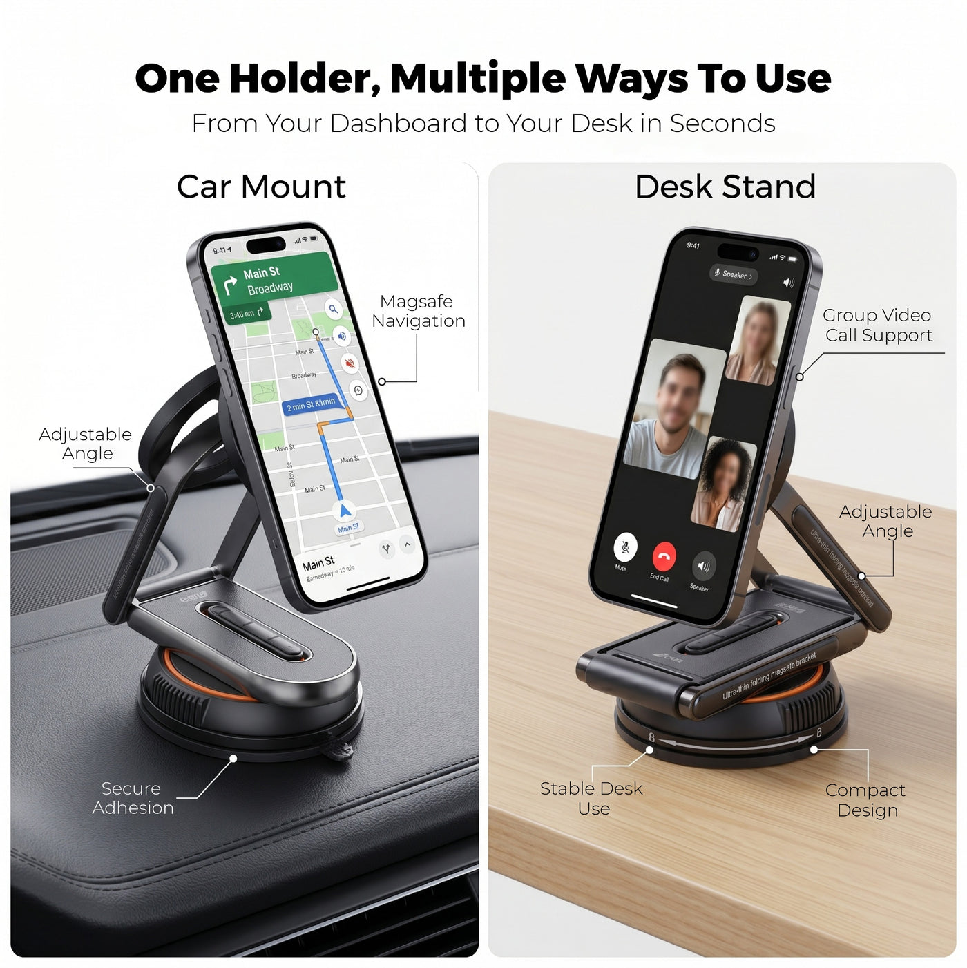 Orca DualMag Foldable Magnetic Car Phone Holder & Desk Stand | Ultra-Slim Dual-Use MagSafe Mount