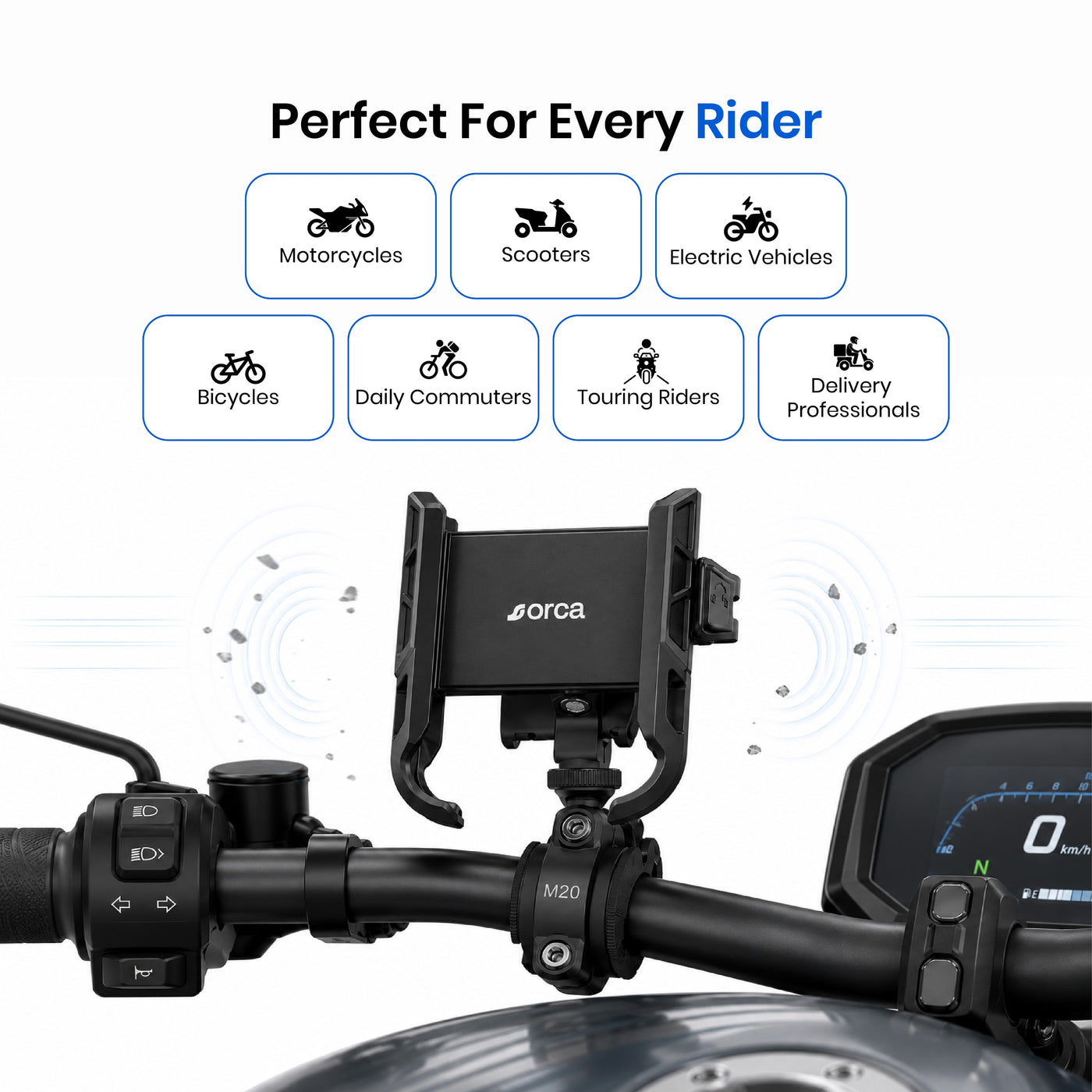 Orca M20 Quick-Lock Bike Mobile Holder | Secure Handlebar Phone Mount for Motorcycle & Scooter