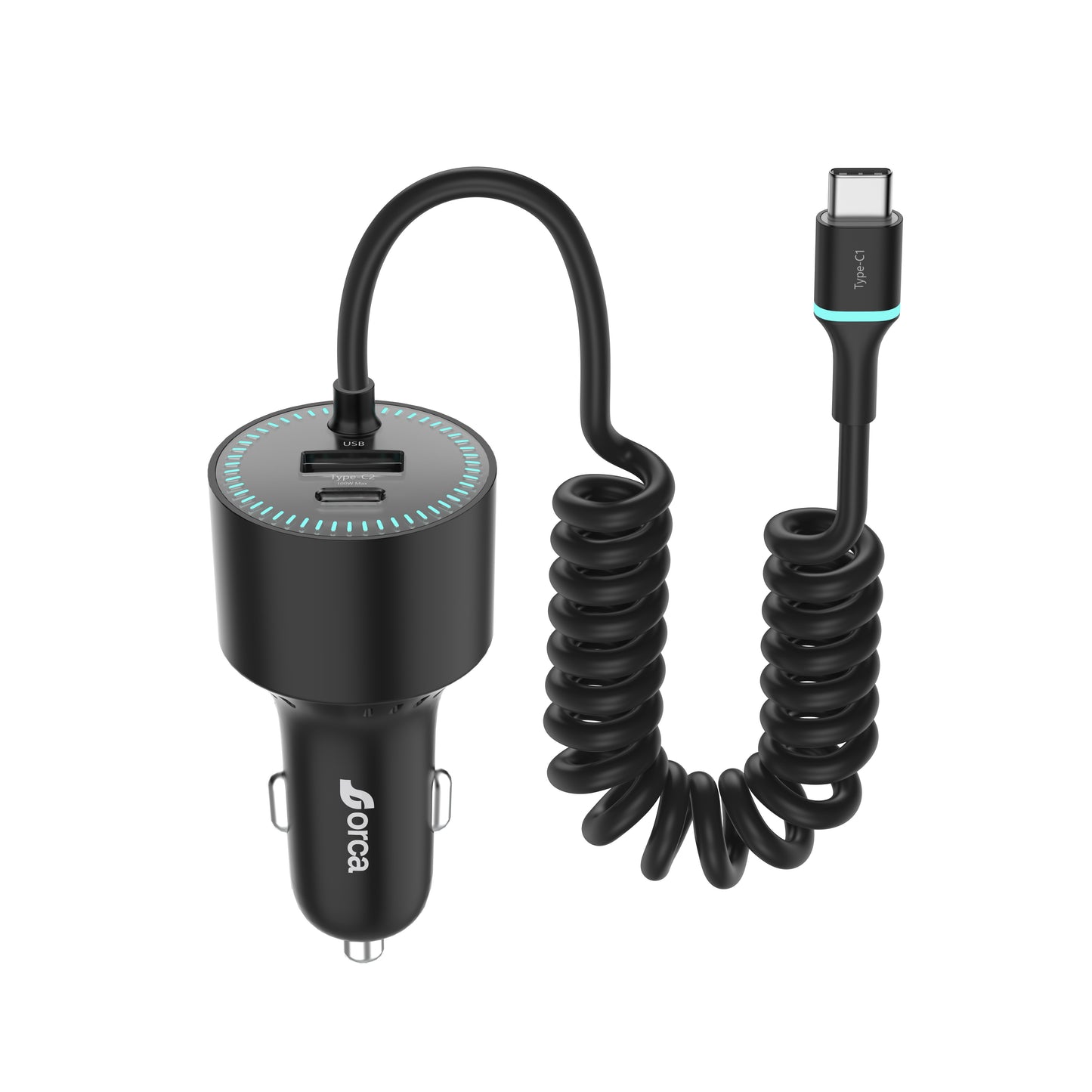 Orca Flex 200 200W Fast Car Charger with Dual 100W USB-C & Retractable Cable | PD 3.0 | USB-A | 12V/24V